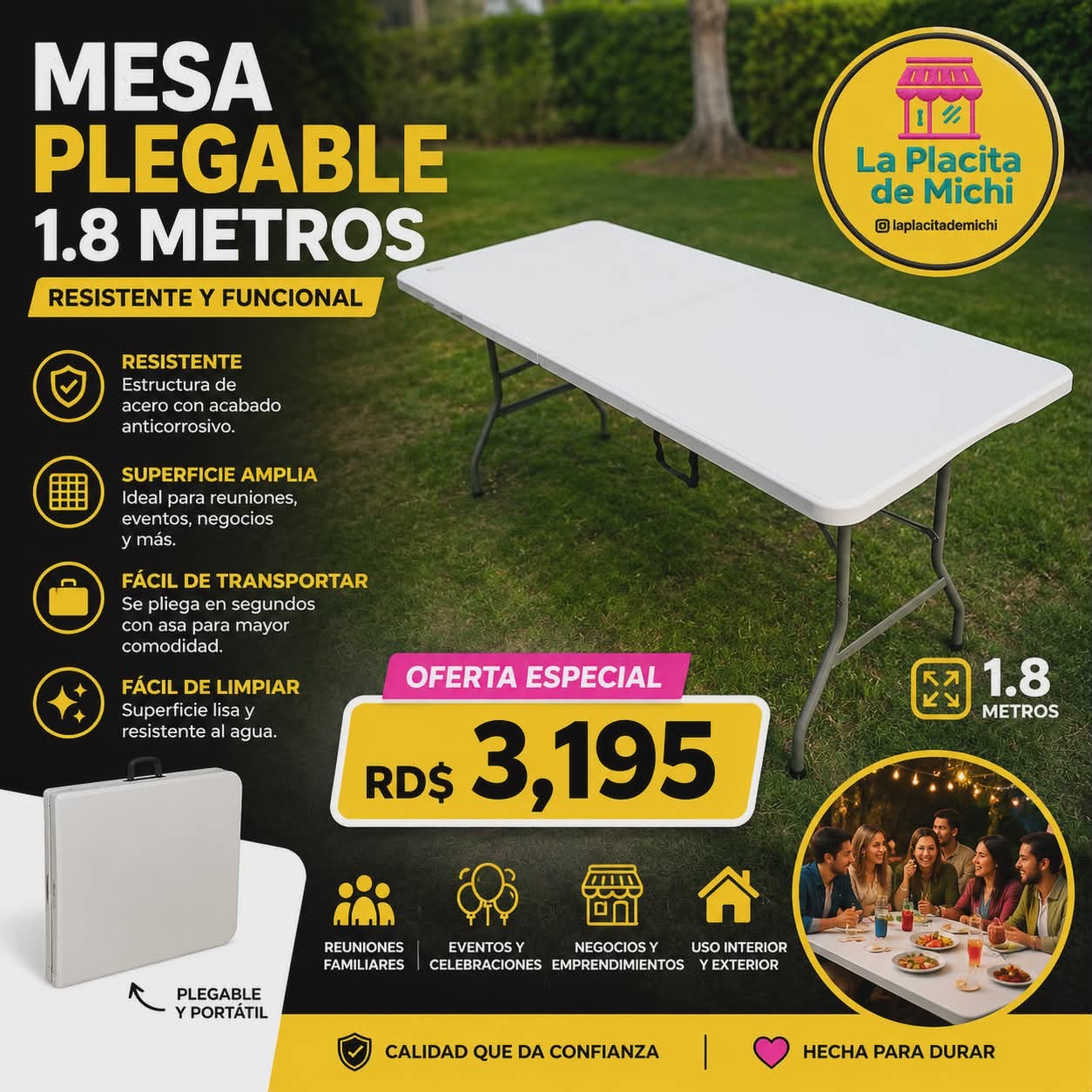 🪑 MESA PLEGABLE 1.8 METROS – RESISTENTE Y FUNCIONAL (Cod.1110)

💰 RD$3,195