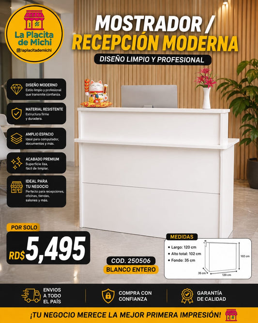 🧾✨ MOSTRADOR CAUNTER / RECEPCIÓN MODERNA PARA NEGOCIO – DISEÑO LIMPIO Y PROFESIONAL ✨🧾 (Cod. 250506 BLANCO ENTERO)

💰 Precio: RD$5,495 

📏 Medidas:
• Largo: 120 cm
• Alto total: 102 cm
• Fondo: 35 cm