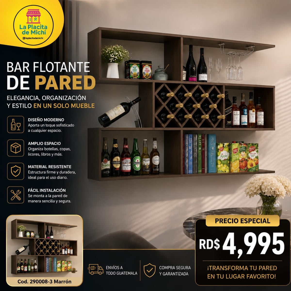 🍷✨ BAR FLOTANTE DE PARED – ELEGANCIA, ORGANIZACIÓN Y ESTILO EN UN SOLO MUEBLE ✨🍷

🆔 Cod. 290008-3 Marrón

💰 RD$4,995