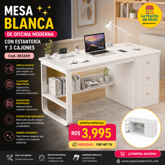🪑💼 Mesa  Blanca de Oficina Moderna con Estantería y 3 Cajones 📌 (Cod. 283269)

💰 RD$3,995