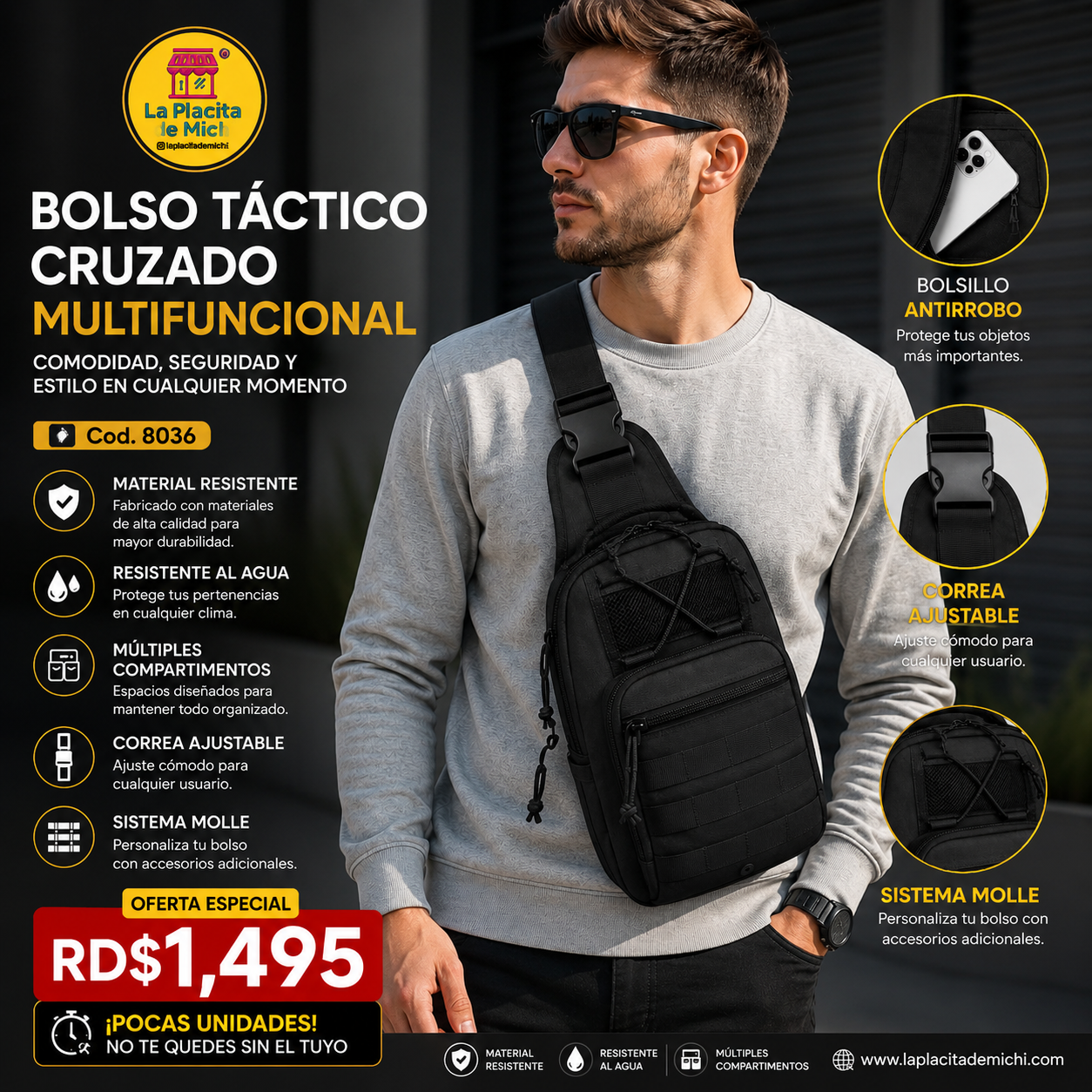 🎒🖤 BOLSO TÁCTICO CRUZADO MULTIFUNCIONAL – COMODIDAD, SEGURIDAD Y ESTILO EN CUALQUIER MOMENTO 🖤🎒(Cod. 8036)

💰 RD$1,495