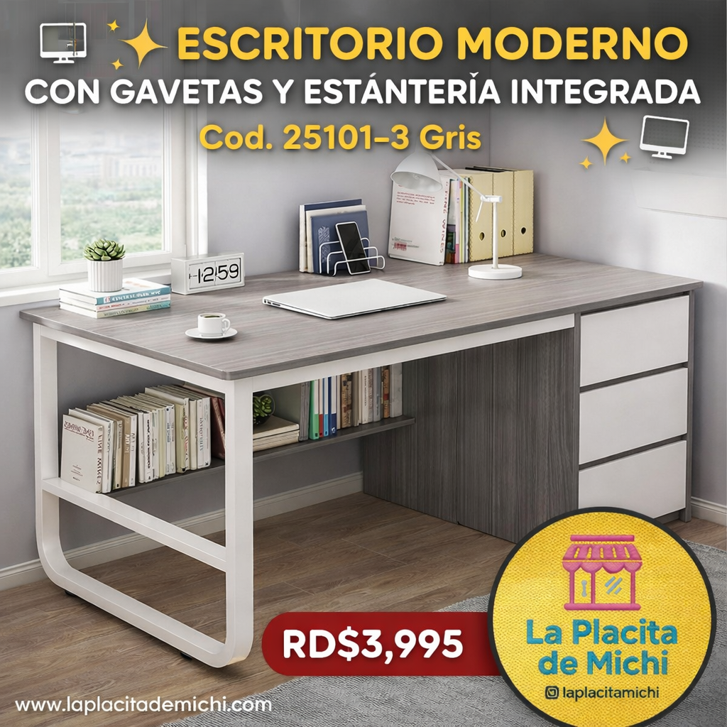 🖥️✨ ESCRITORIO MODERNO CON GAVETAS Y ESTANTERÍA INTEGRADA ✨🖥️ (Cod. 25101-3 Gris) 

💰RD$3,995