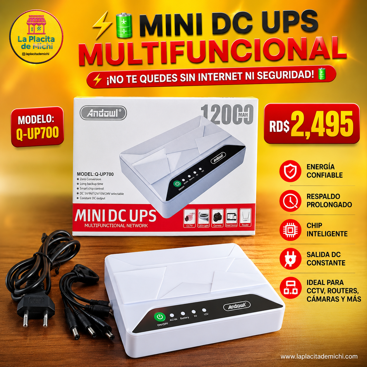 ⚡🔋 MINI DC UPS MULTIFUNCIONAL – ¡NO TE QUEDES SIN INTERNET NI SEGURIDAD! 🔋⚡

🆔 Modelo: Q-UP700

💰RD$2,495