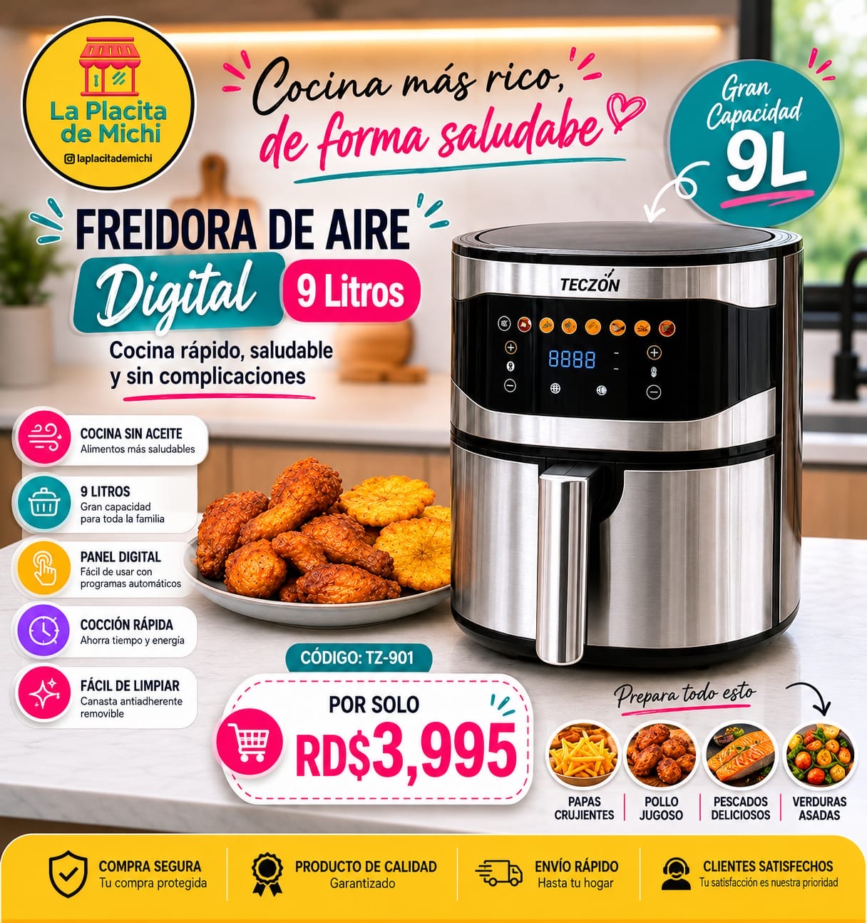 ✨ Freidora de Aire Digital *9 Litros*  – Cocina Rápido, Saludable y Sin Complicaciones ✨

🆔 Cod. TZ-901

💰RD$3,995