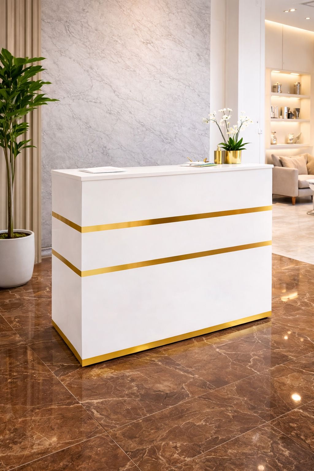 ✨🤍 Mostrador / Counter de Recepción Blanco con Detalles Dorados 🤍✨
(Cod.1)

💰RD$7,495