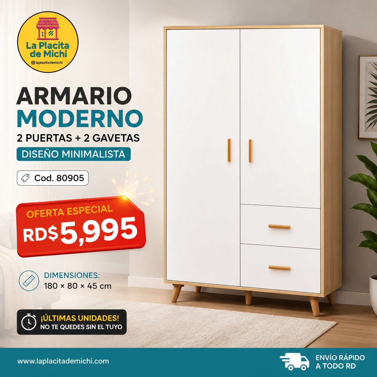 ⭐ Armario Moderno 2 Puertas + 2 Gavetas – Diseño Minimalista
📌 Cod. 80905

💰 RD$5,995

📏 Dimensiones: 180 × 80 × 45 cm