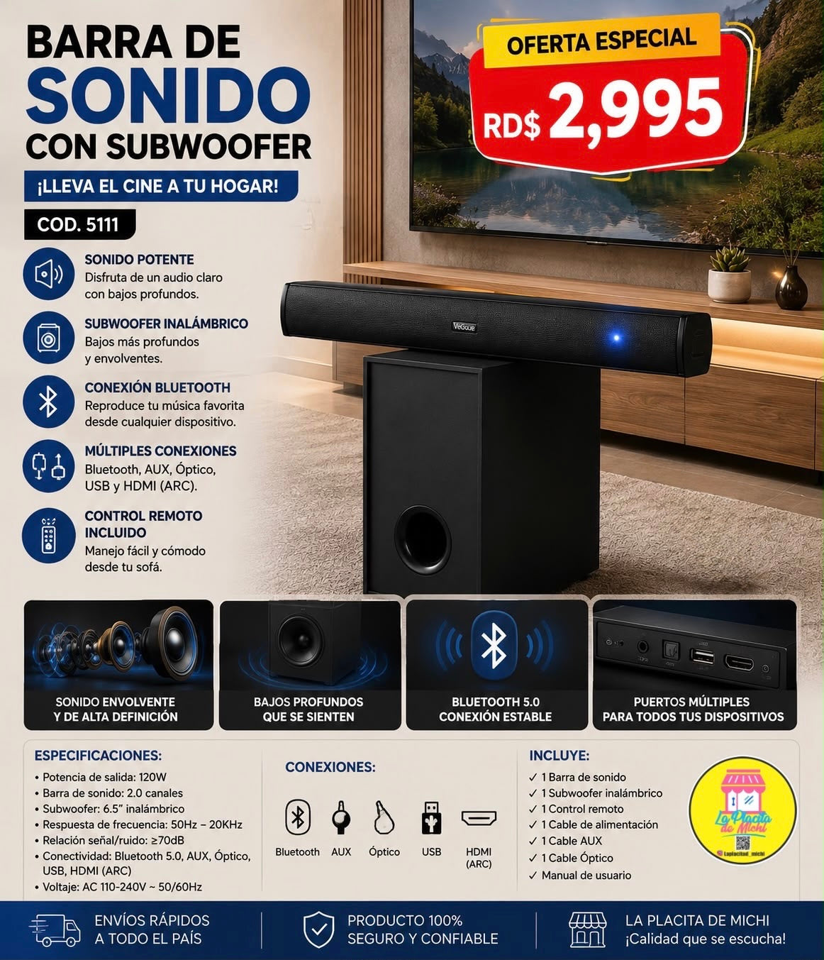 🔊✨ BARRA DE SONIDO CON SUBWOOFER – ¡LLEVA EL CINE A TU HOGAR! 🎬🎶 (Cod. 5111)

💰 RD$2,995