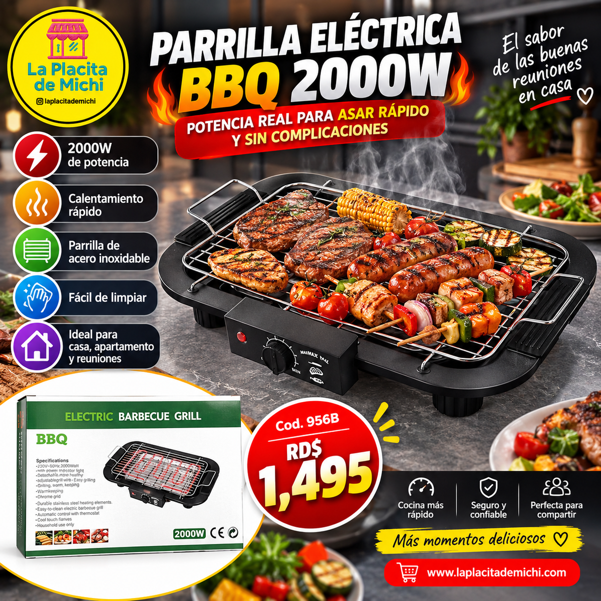 🔥🥩 PARRILLA ELÉCTRICA BBQ 2000W – POTENCIA REAL PARA ASAR RÁPIDO Y SIN COMPLICACIONES 🥩🔥 (Cod. 956B)

💰 RD$1,495