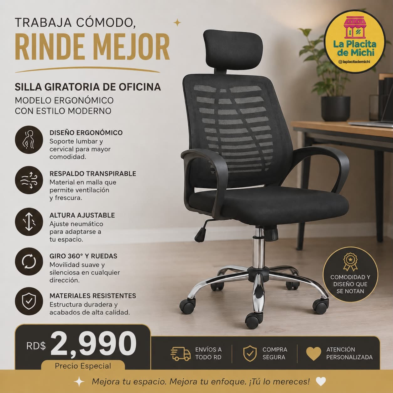 🪑 Silla Giratoria Ergonómica de Oficina – Con Cabecera Ajustable (Cod. HG)

💰RD$2,995