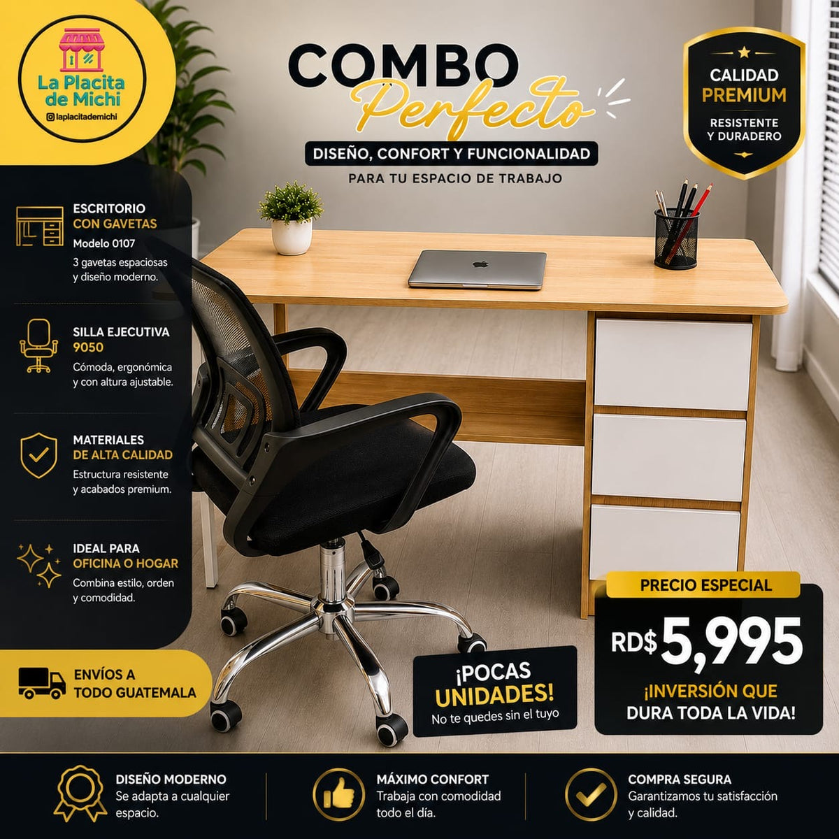 🪑 Combo de Escritorio con Gavetas (0107) + Silla Ejecutiva 9050 (Pocas Unidades)
💰 RD$5,995