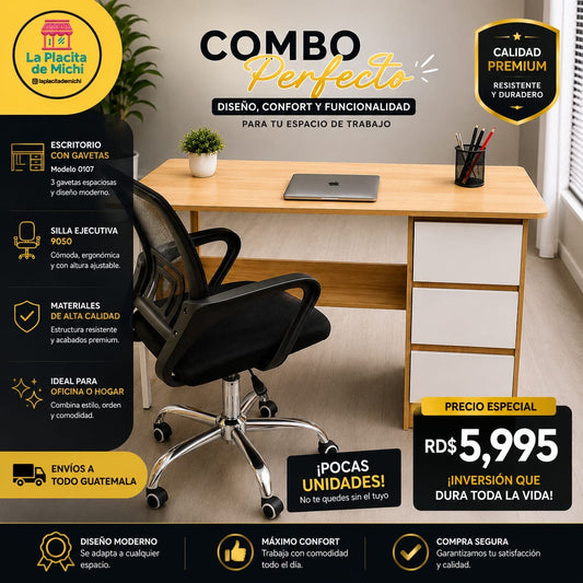 🪑 Combo de Escritorio con Gavetas (0107) + Silla Ejecutiva 9050 (Pocas Unidades)
💰 RD$5,995