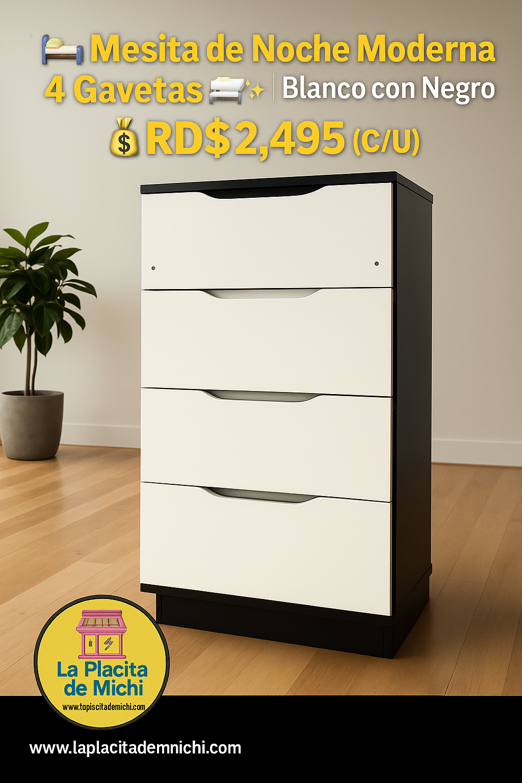 🛏️✨ Mesita de Noche Moderna 4 Gavetas ✨🛏️ (Cod. 80076)Blanco con Negro

💰RD$2,495 (C/U)