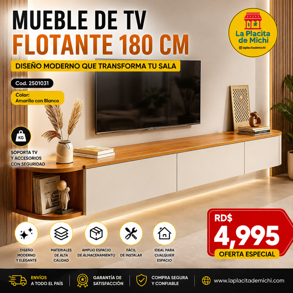 📺✨ MUEBLE DE TV FLOTANTE 180 CM – DISEÑO MODERNO QUE TRANSFORMA TU SALA ✨📺
🆔 Cod. 2501031
🎨 Color: Amarillo con Blanco 

💰 RD$4,995