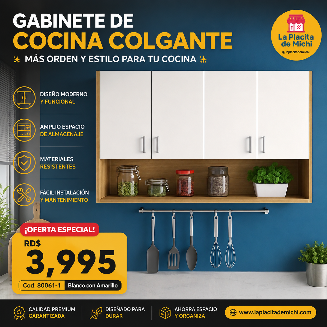 🍽️✨ GABINETE DE COCINA COLGANTE – MÁS ORDEN Y ESTILO PARA TU COCINA ✨🍽️

🆔 Cod. 80061-1 Blanco con Amarillo 

💰 RD$3,995