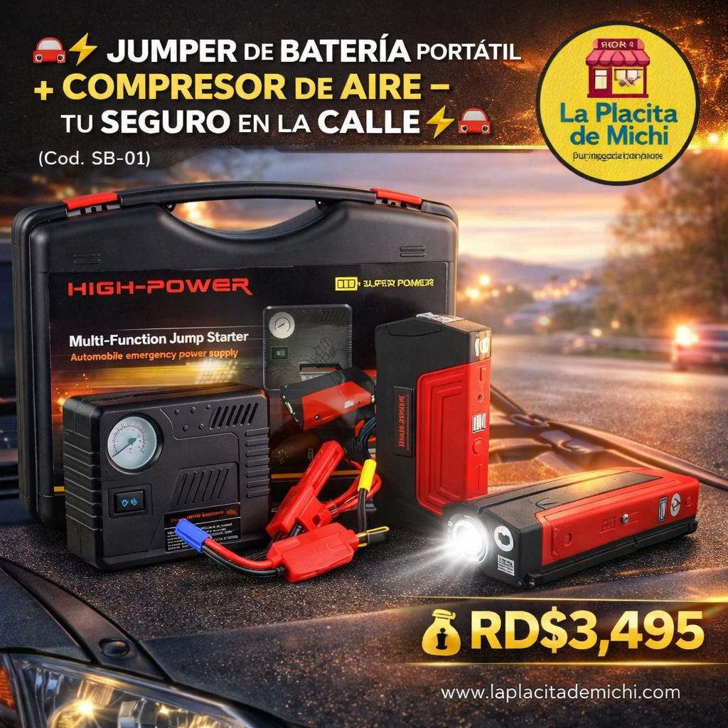🚗⚡ JUMPER DE BATERÍA PORTÁTIL + COMPRESOR DE AIRE – TU SEGURO EN LA CALLE ⚡🚗
(Cod. SB-01)

💰 RD$3,495