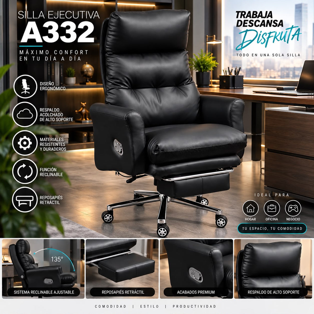 🖤 SILLÓN EJECUTIVO RECLINABLE Y REPOSA PIES – CONFORT QUE CAMBIA TU FORMA DE TRABAJAR
 (🆔COD. A332)

💰RD$18,990