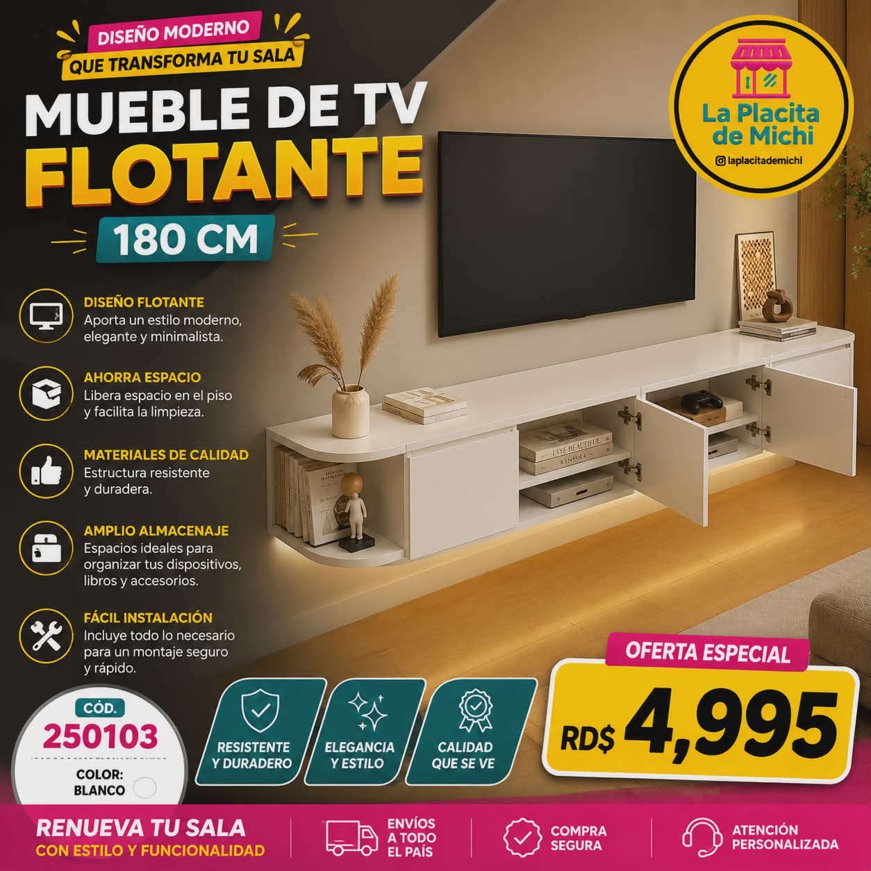 📺✨ MUEBLE DE TV FLOTANTE 180 CM – DISEÑO MODERNO QUE TRANSFORMA TU SALA ✨📺
🆔 Cod. 250103

💰 RD$4,995