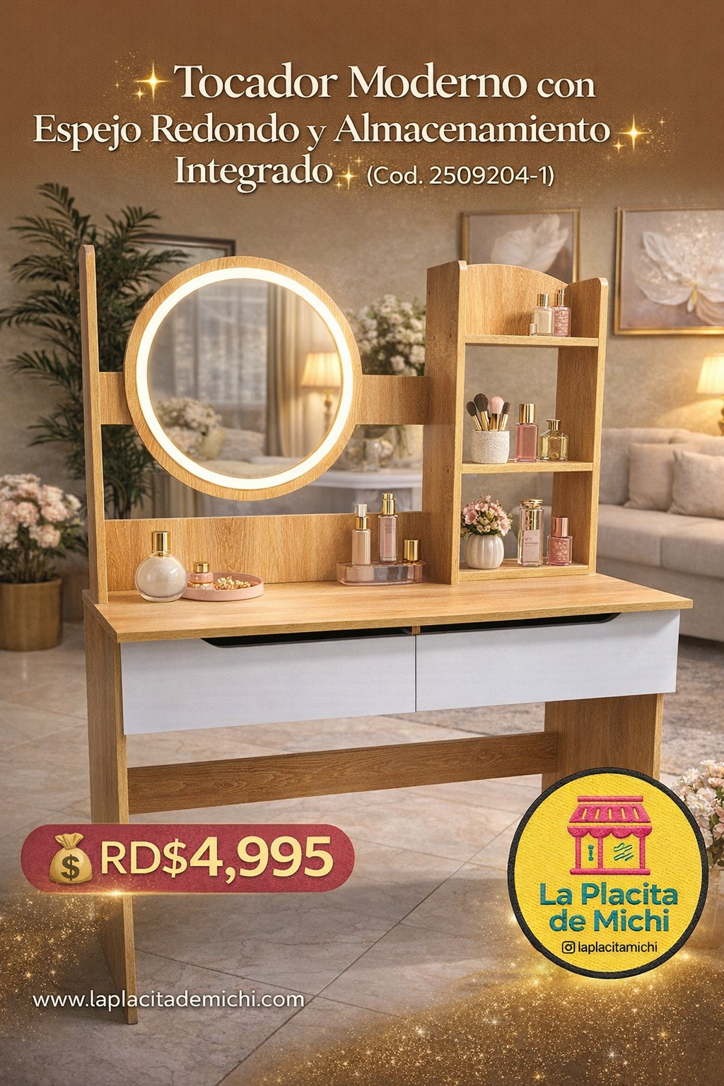 ✨ Tocador Moderno con Espejo Redondo y Almacenamiento Integrado ✨(Cod. 2509204-1)

💰RD$4,995
