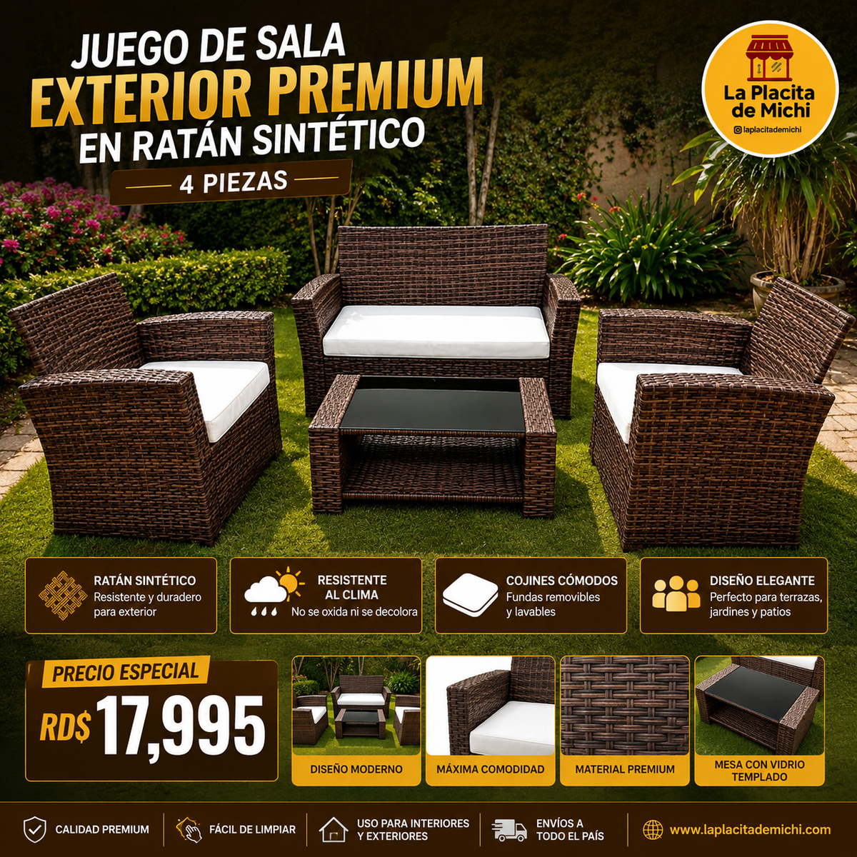 🤎✨ JUEGO DE SALA EXTERIOR PREMIUM EN RATÁN SINTÉTICO – 4 PIEZAS ✨🤎 (Cod. 150 Marrón )

💰 RD$17,995