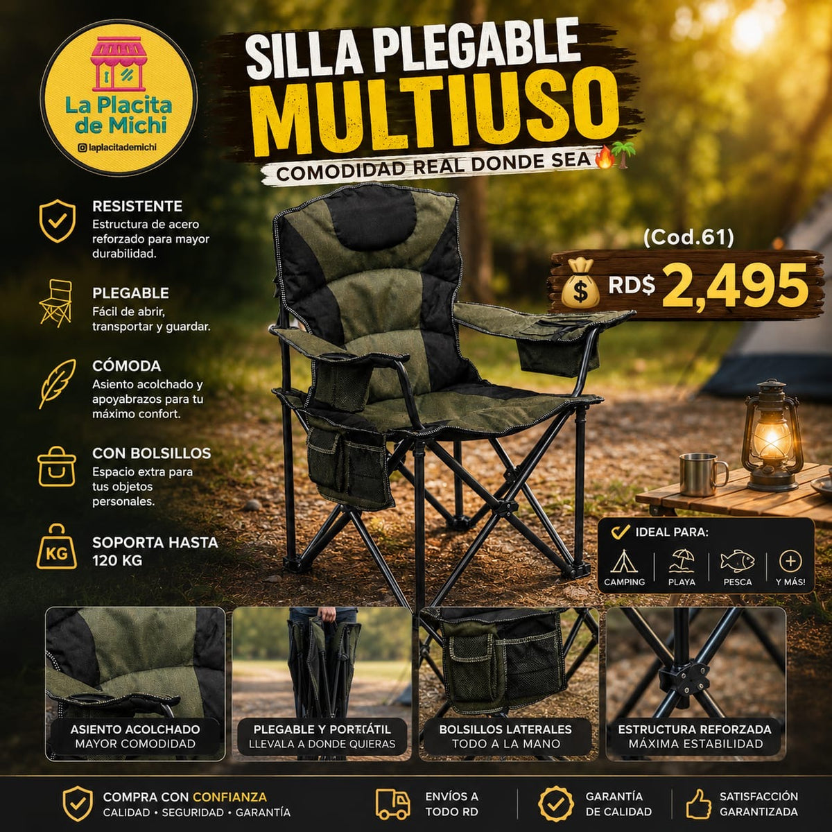 🪑🔥 SILLA PLEGABLE MULTIUSO – COMODIDAD REAL DONDE SEA 🔥🌴
(Cod.61)

💰 RD$2,495
