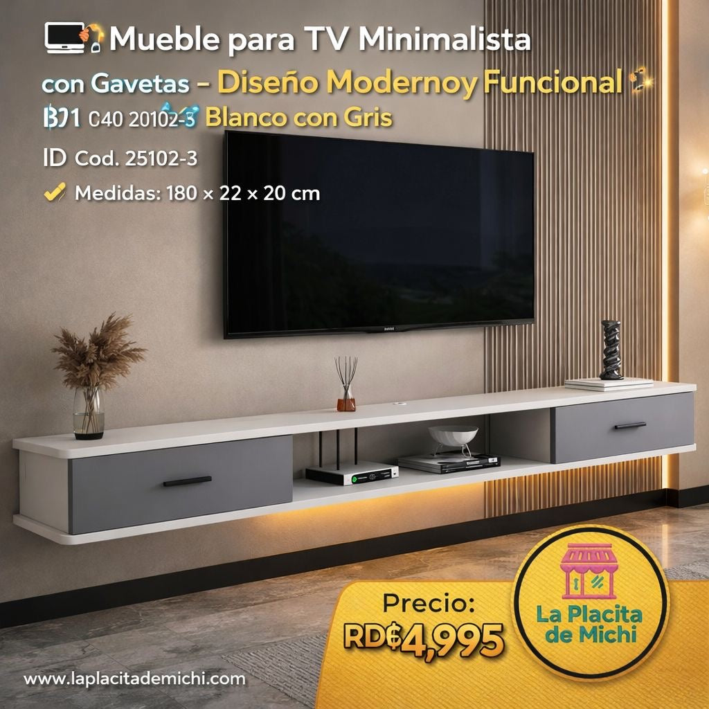 🖥️✨ Mueble para TV Minimalista con Gavetas – Diseño Moderno y Funcional ✨🖥️ Blanco Con Gris 
🆔 Cod. 25102-3
📏 Medidas: 180 × 22 × 20 cm

💰 Precio: RD$4,995