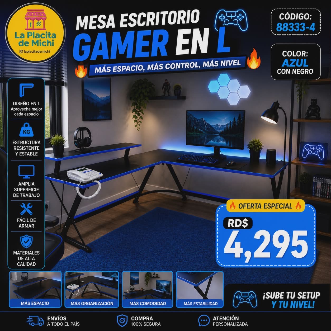 🎮🔥 MESA ESCRITORIO GAMER EN L – MÁS ESPACIO, MÁS CONTROL, MÁS NIVEL 🔥🎮
🆔 Cod. 88333-4
🎨 Color: AZUL CON NEGRO 

💰 Precio: RD$4,295