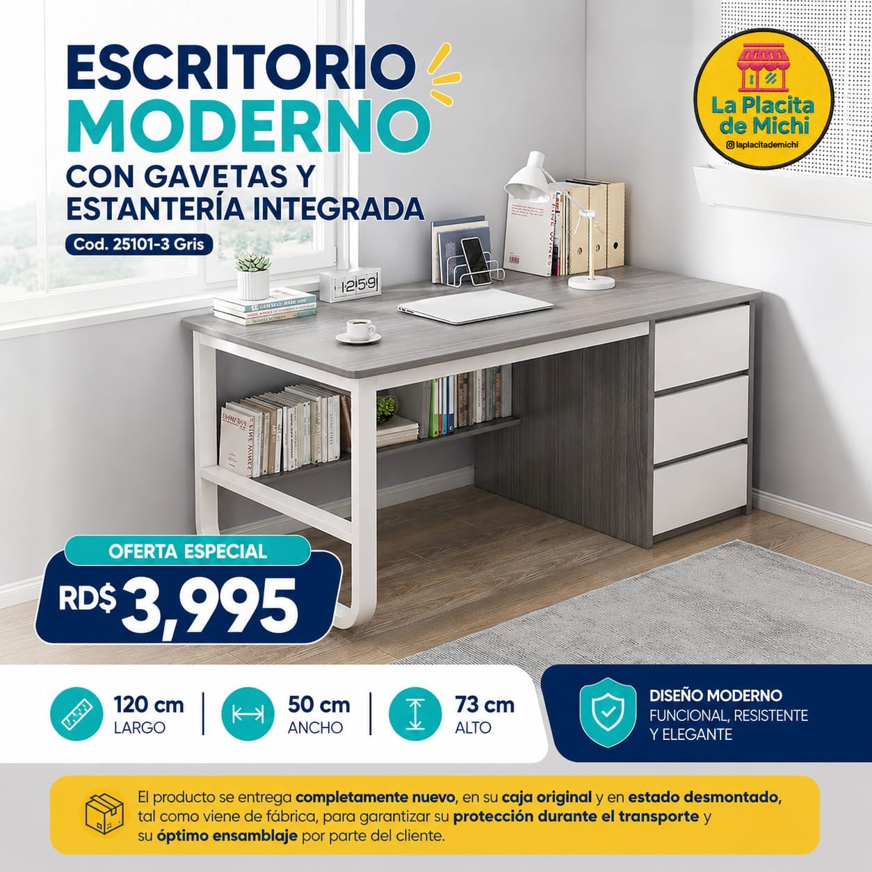 🖥️✨ ESCRITORIO MODERNO CON GAVETAS Y ESTANTERÍA INTEGRADA ✨🖥️ (Cod. 25101-3 Gris) 

💰RD$3,995