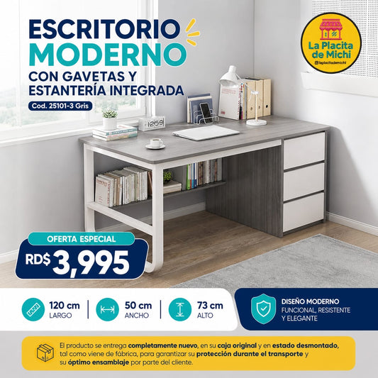 🖥️✨ ESCRITORIO MODERNO CON GAVETAS Y ESTANTERÍA INTEGRADA ✨🖥️ (Cod. 25101-3 Gris) 

💰RD$3,995