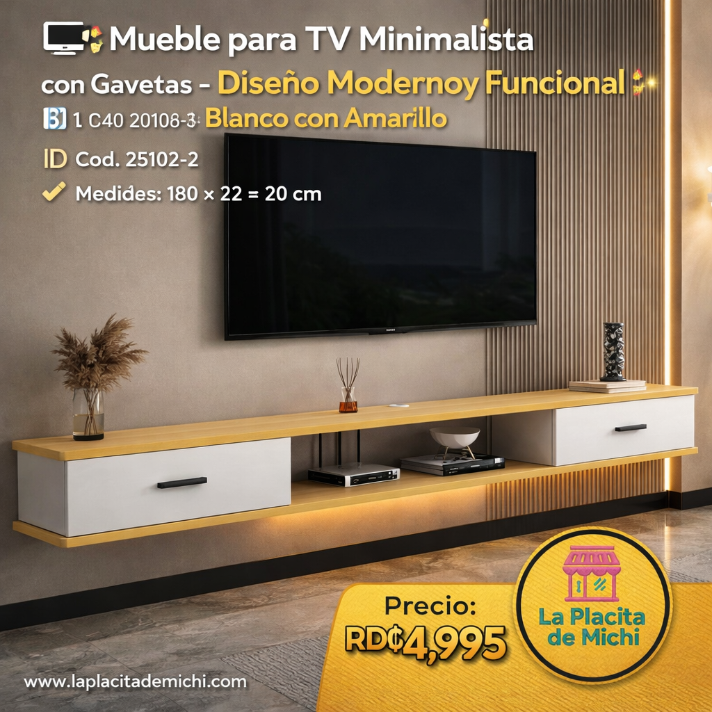 🖥️✨ Mueble para TV Minimalista con Gavetas – Diseño Moderno y Funcional ✨🖥️ Blanco Con Amarillo 
🆔 Cod. 25102-2
📏 Medidas: 180 × 22 × 20 cm

💰 Precio: RD$4,995