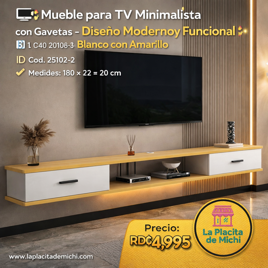 🖥️✨ Mueble para TV Minimalista con Gavetas – Diseño Moderno y Funcional ✨🖥️ Blanco Con Amarillo 
🆔 Cod. 25102-2
📏 Medidas: 180 × 22 × 20 cm

💰 Precio: RD$4,995