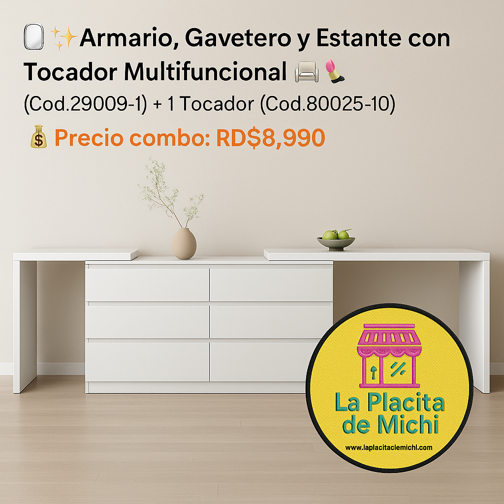 ✨ ¡Transforma tu espacio con estilo y funcionalidad! ✨

🪞✨ Armario, Gavetero y Estante con Tocador Multifuncional 🛋️💄 (Cod.29009-1) + 1 Tocador (Cod.80025-10)

💰 Precio combo: RD$8,990