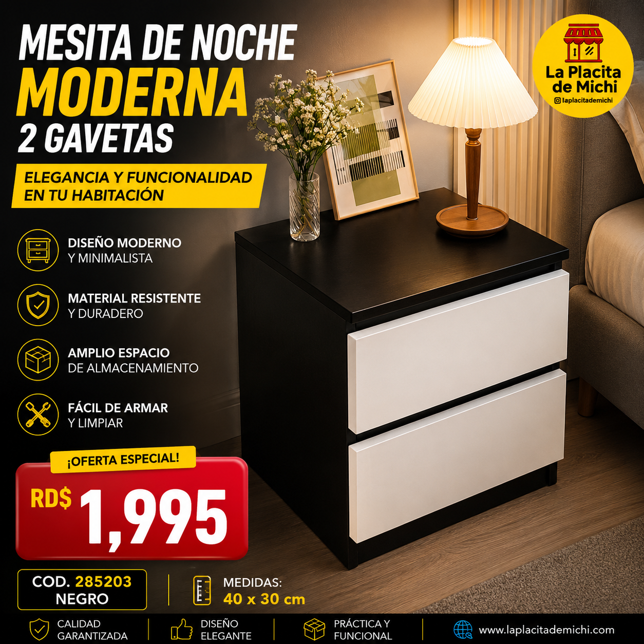 🛏️✨ MESITA DE NOCHE MODERNA 2 GAVETAS – ELEGANCIA Y FUNCIONALIDAD EN TU HABITACIÓN ✨🛏️

🆔 Cod. 285203 NEGRO 

💰 RD$1,995

📏 Medidas: 40x30 cm