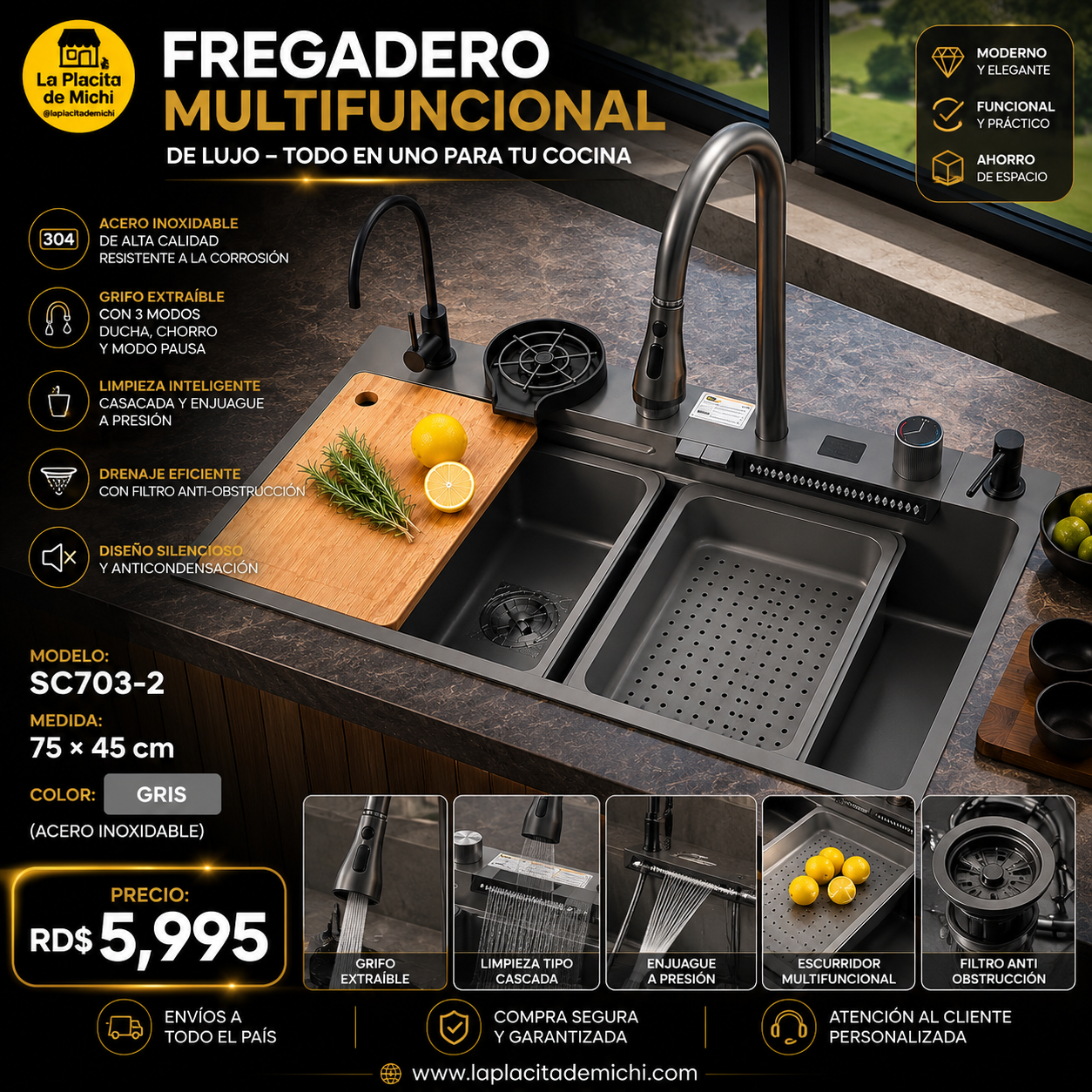 ✨🚿 FREGADERO MULTIFUNCIONAL DE LUJO – TODO EN UNO PARA TU COCINA 🚿✨
🆔 Modelo: SC703-2
📏 Medida: 75 × 45 cm
🎨 Color: GRIS 🩶 (Acero inoxidable)

💰 Precio: RD$5,995