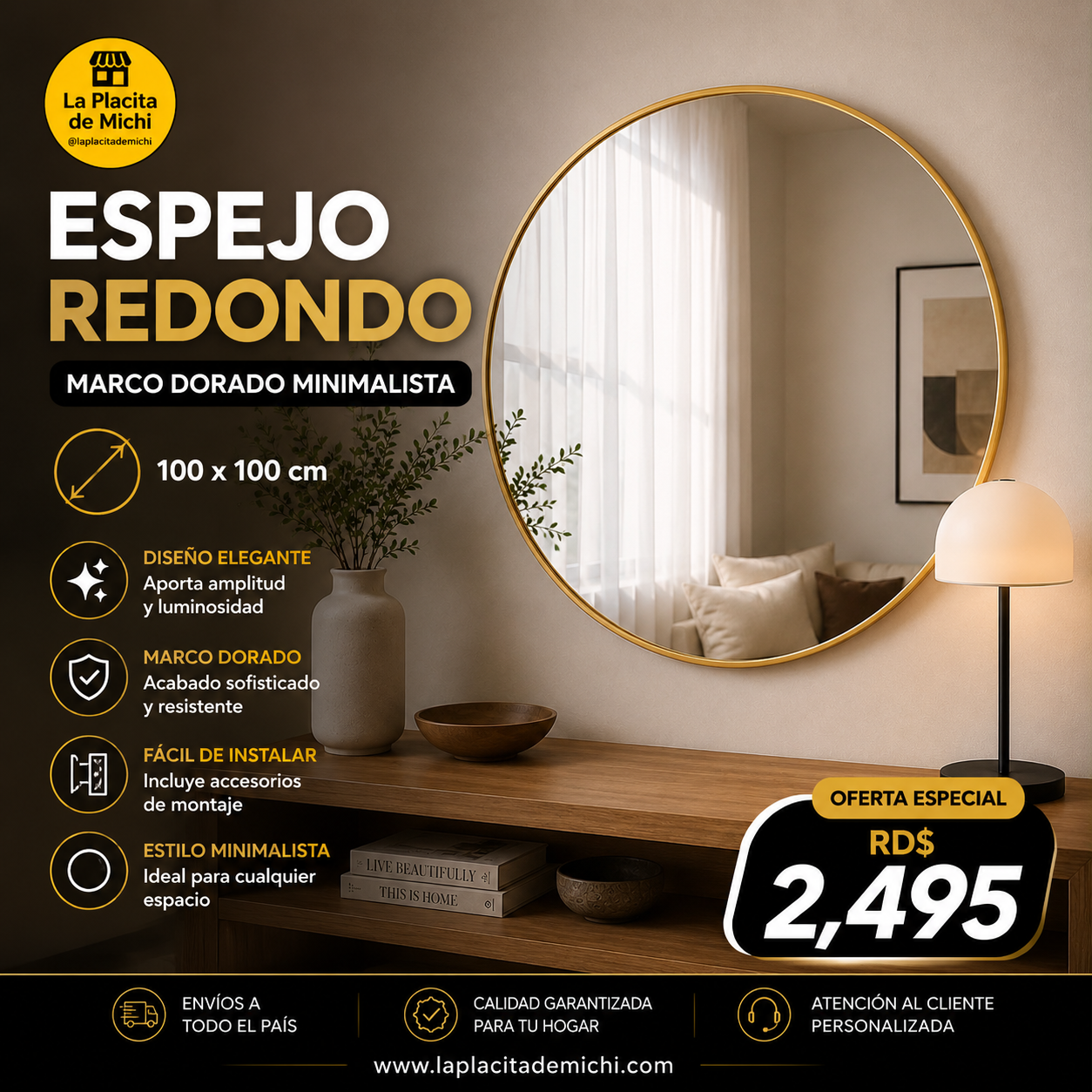 🪞 Espejo Redondo – Marco Dorado  Minimalista (100x100cm) 

💰RD$2,495