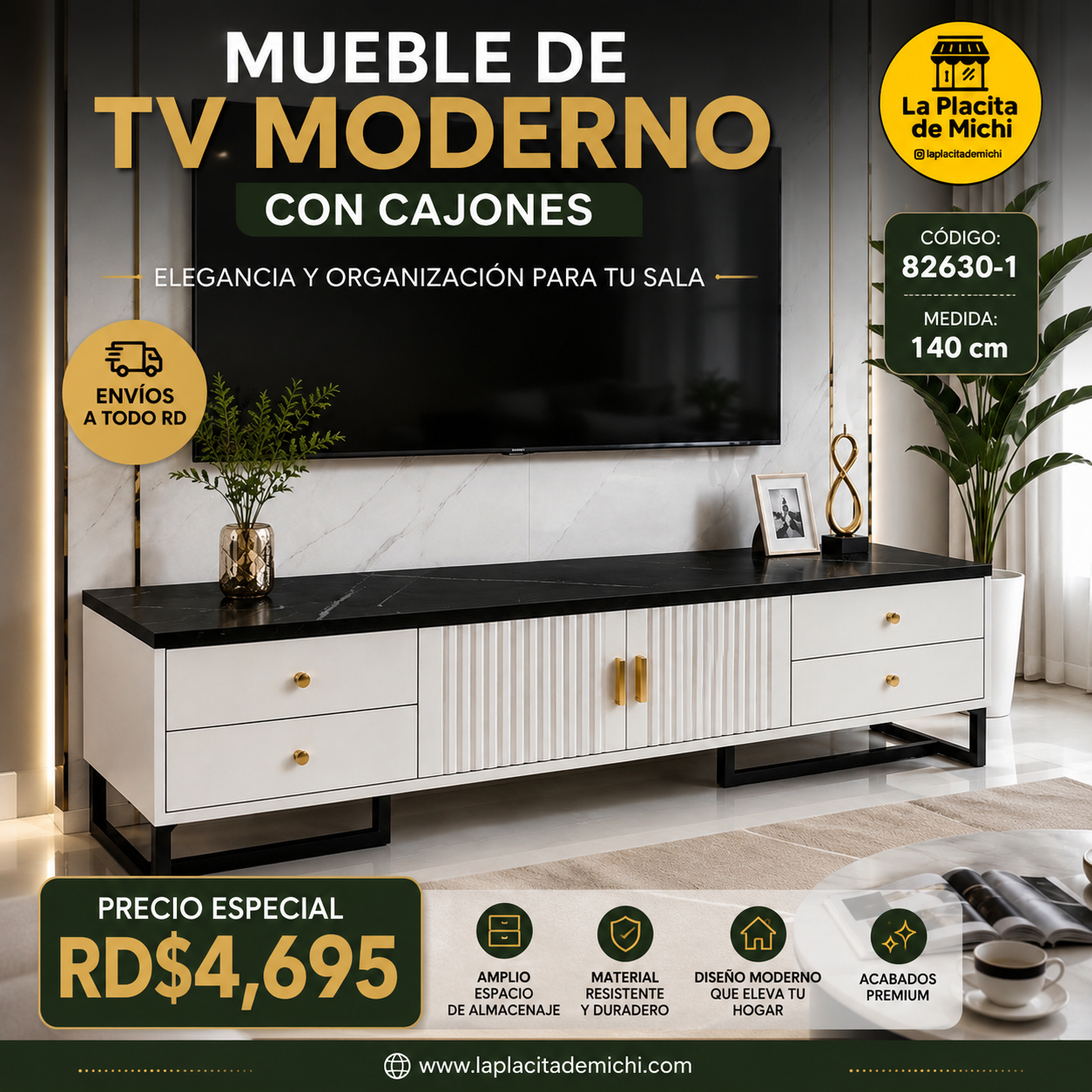 📺✨ MUEBLE DE TV MODERNO CON CAJONES – ELEGANCIA Y ORGANIZACIÓN PARA TU SALA ✨📺
🆔 Cod. 82630-1
📏 Medida: 140 cm

💰 Precio: RD$4,695