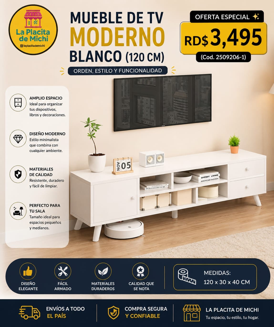 🖥️✨ MUEBLE DE TV MODERNO BLANCO (120 CM) – ORDEN, ESTILO Y FUNCIONALIDAD ✨🖥️ (Cod. 2509206-1)

💰RD$3,495