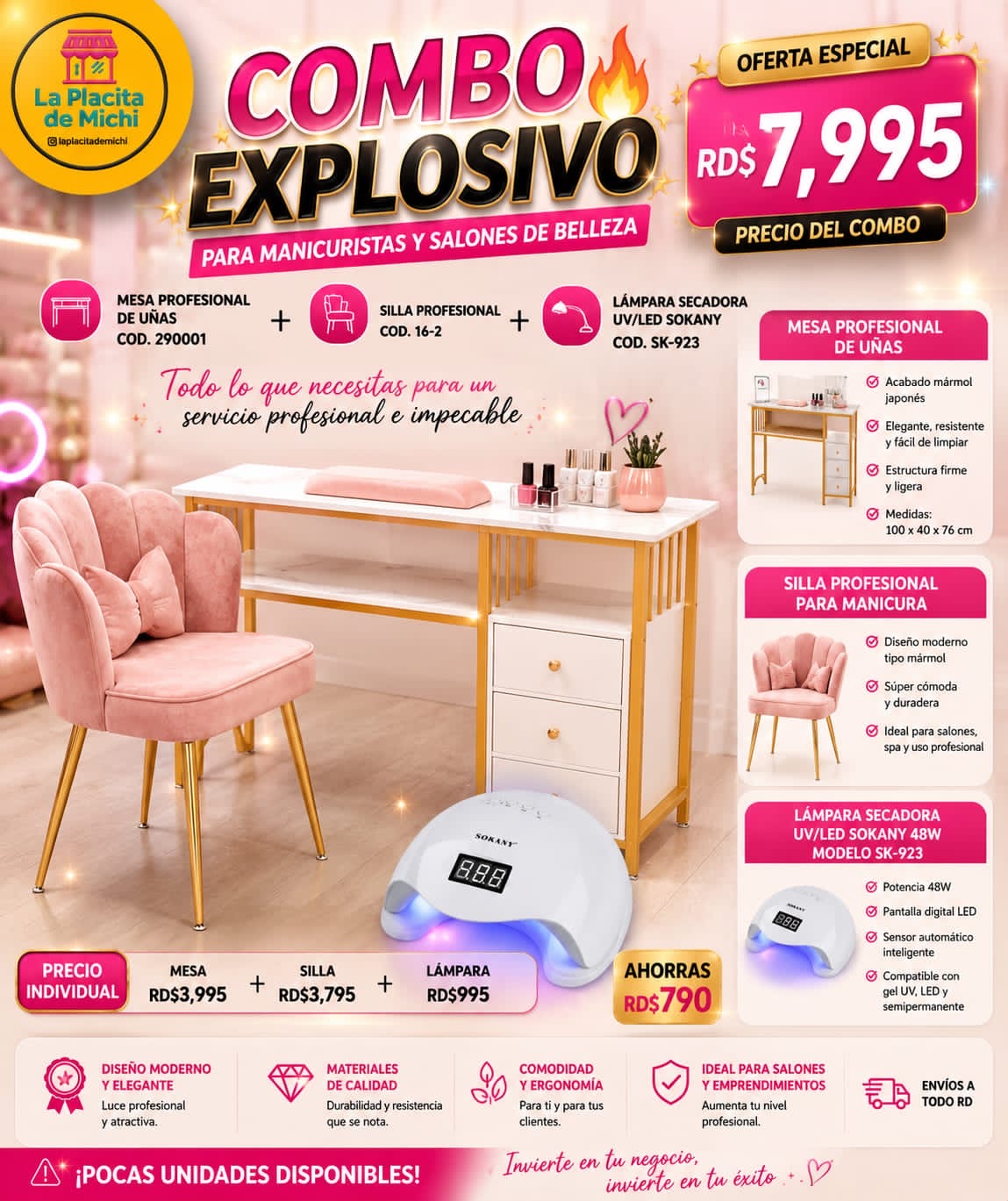 🔥💅✨ COMBO EXPLOSIVO PARA MANICURISTAS Y SALONES DE BELLEZA ✨💅🔥

🪑💅 MESA PROFESIONAL DE UÑAS cod 290001+ SILLA PROFESIONAL COD 16-2 + LÁMPARA SECADORA UV cod sk 923


💰 RD$7,995