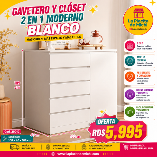 ✨🤍 GAVETERO Y CLÓSET 2 EN 1 MODERNO BLANCO – MÁS ORDEN, MÁS ESPACIO Y MÁS ESTILO 🤍✨
🆔 Cod. 29012

💰RD$5,995

📏 Medidas: 100 x 40 x 109 cm