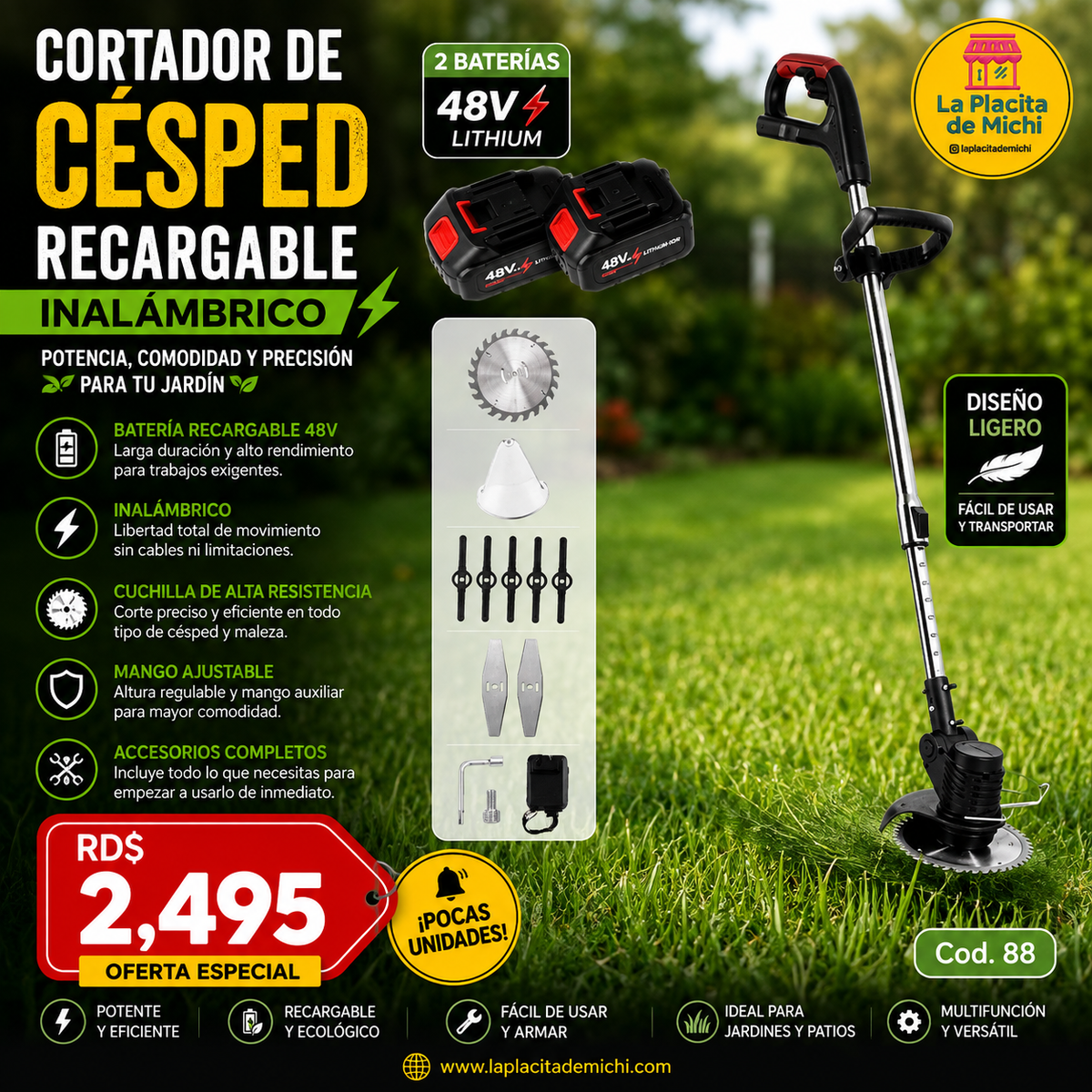 🌿⚡ CORTADOR DE CÉSPED RECARGABLE INALÁMBRICO ⚡🌿
🆔 Cod. 88
💰 RD$2,495