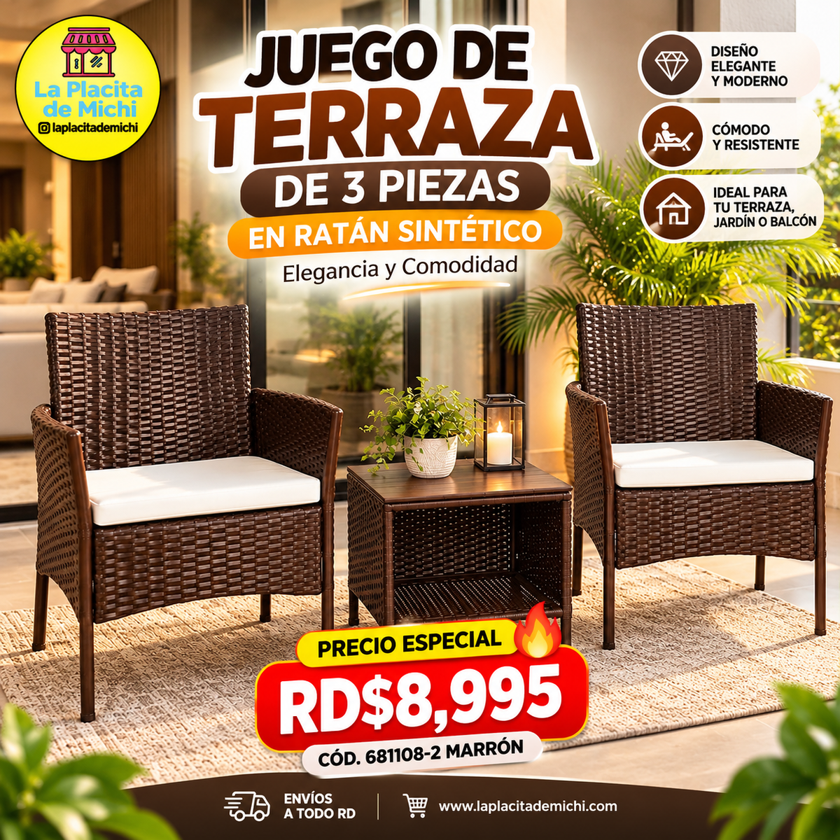 Juego de Terraza de 3 Piezas en Ratan Sintético – Elegancia y Comodidad

🆔 (Cod. 681108-2 Marrón) 

💰 Precio: RD$8,995