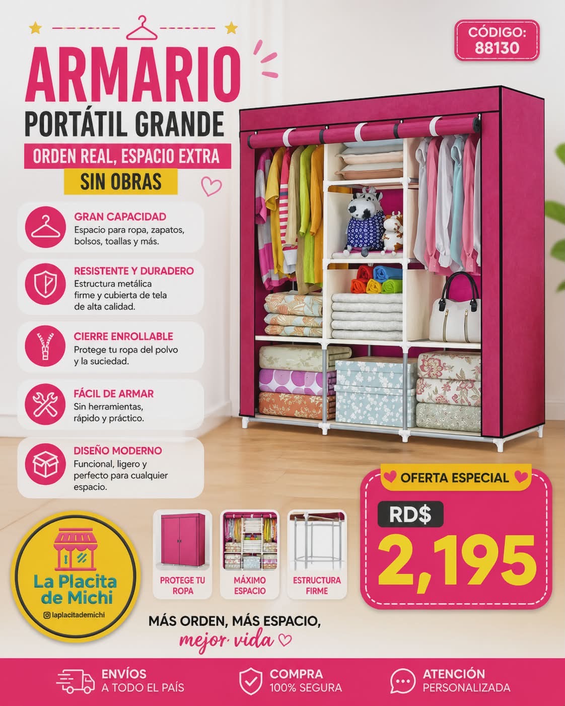 🧥 Armario Portátil Grande – Orden Real, Espacio Extra sin Obras (Cod.88130)

💰 RD$2,195