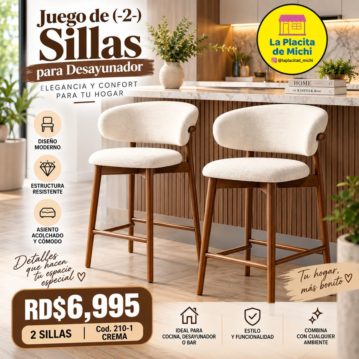 ✨ JUEGO DE (-2-) SILLAS PARA DESAYUNADOR – ELEGANCIA Y CONFORT PARA TU HOGAR ✨
📌 Diseño Moderno (Cod. 210-1 Crema )

💰RD$6,995 (2 Sillas)