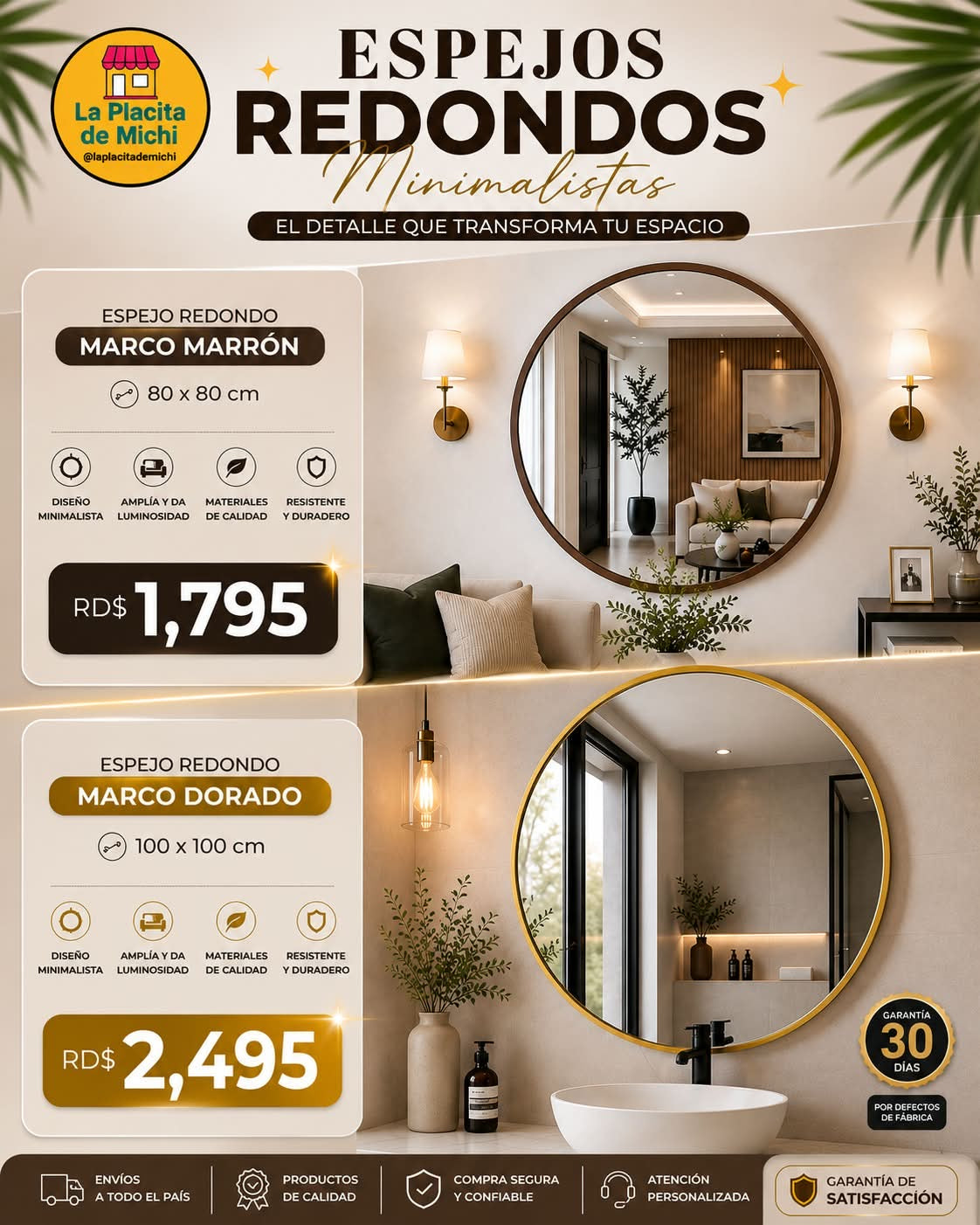 🪞 Espejo Redondo – Marco Dorado  Minimalista (100x100cm) 

💰RD$2,495