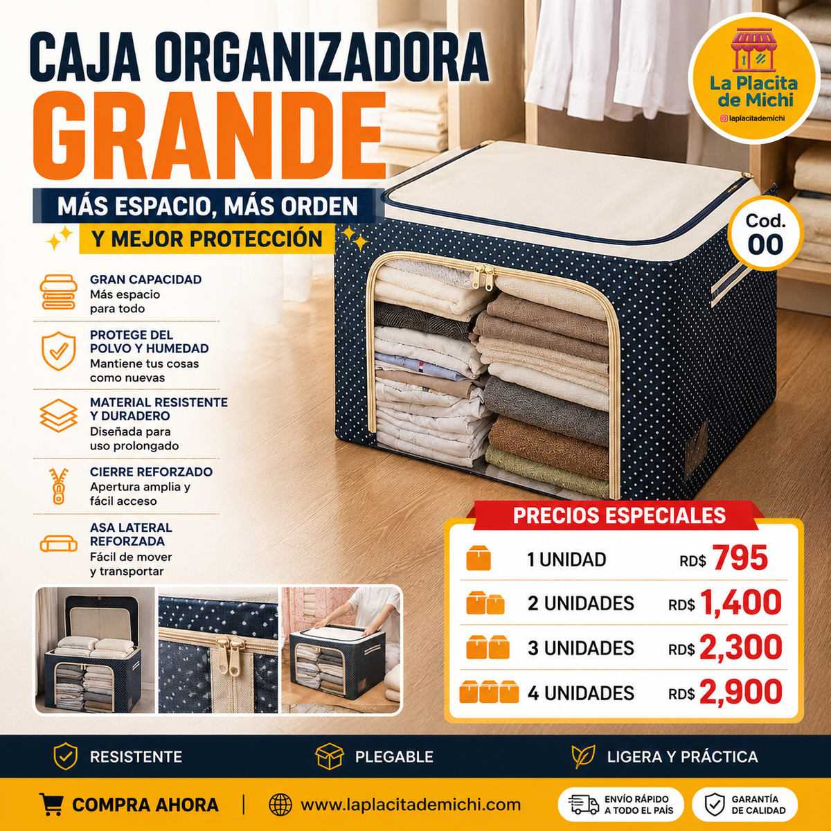 📦✨ CAJA ORGANIZADORA GRANDE – MÁS ESPACIO, MÁS ORDEN Y MEJOR PROTECCIÓN ✨📦

🆔 Cod. 00

💰 Precios Especiales:

📦 1 Unidad: RD$795
📦📦 2 Unidades: RD$1,400
📦📦📦 3 Unidades: RD$2,300
📦📦📦📦 4 Unidades: RD$2,900