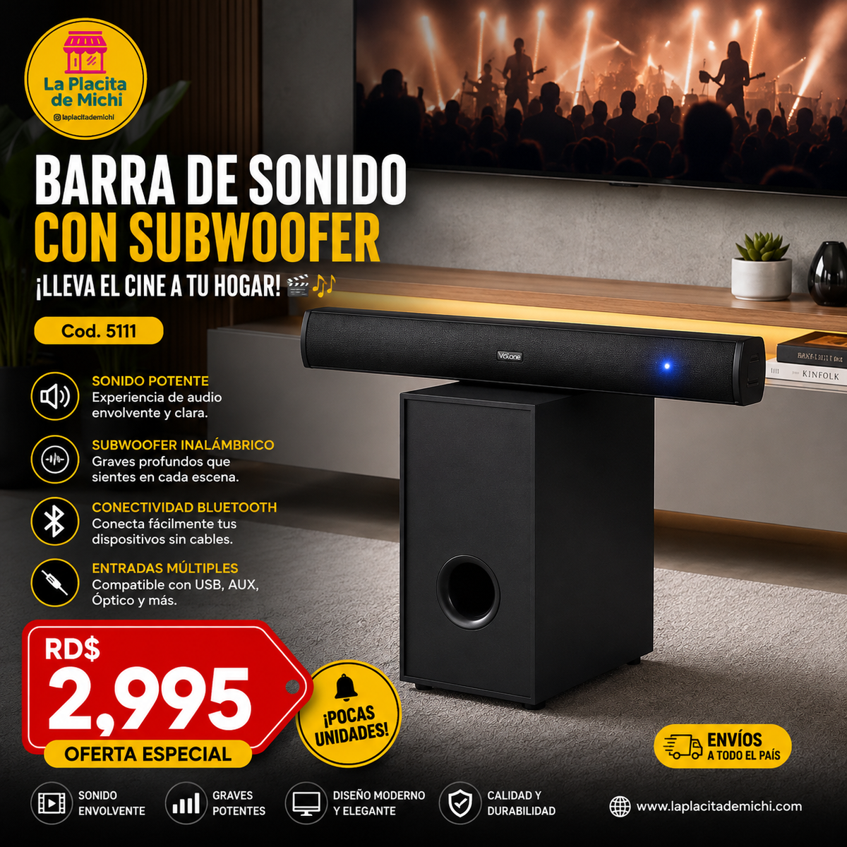 🔊✨ BARRA DE SONIDO CON SUBWOOFER – ¡LLEVA EL CINE A TU HOGAR! 🎬🎶 (Cod. 5111)

💰 RD$2,995