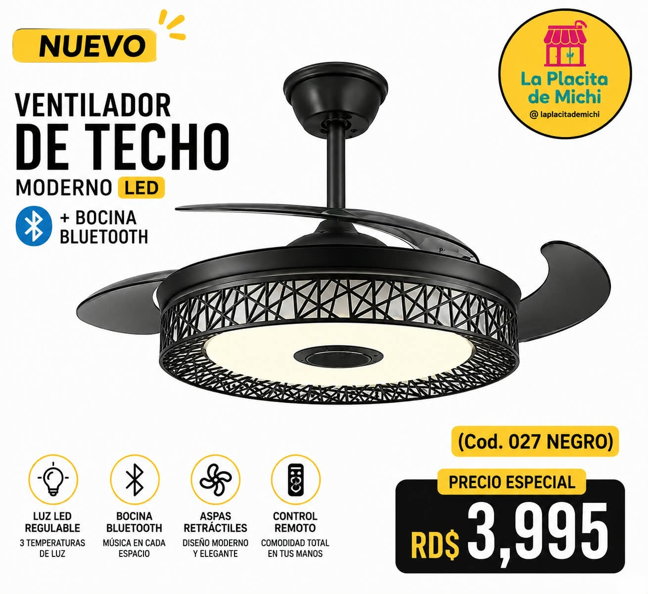 ✨💡 VENTILADOR DE TECHO MODERNO LED + BOCINA BLUETOOTH – TODO EN UNO 💡✨
📌 (Cod. 027 negro  )

💰RD$3,995