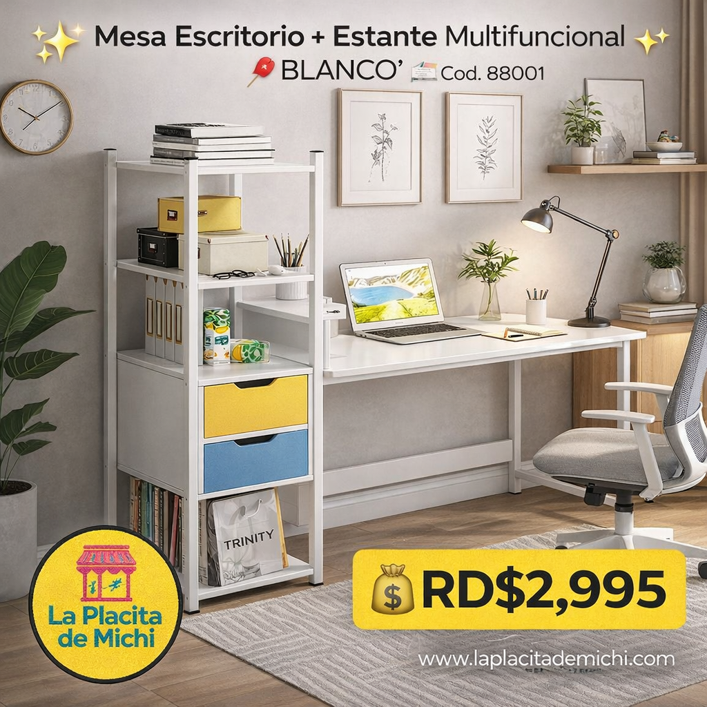✨ Mesa Escritorio + Estante Multifuncional – *BLANCO* ✨
📌 Cod. 88001

💰 RD$2,995