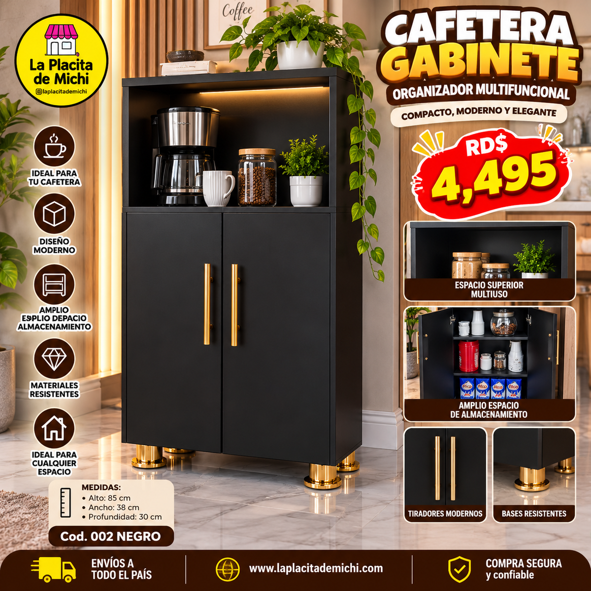✨🗄️ CAFETERA GABINETE ORGANIZADOR MULTIFUNCIONAL – COMPACTO, MODERNO Y ELEGANTE 🗄️✨(Cod. 002 NEGRO ) 

💰RD$4,495 

📐 85 × 38 × 30 cm (Alto × Ancho × Profundidad)

- Material: HIDROFUGO (Producto Armado)