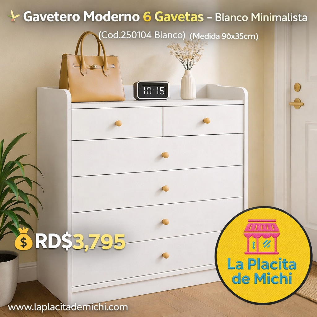 ✨ Gavetero Moderno 6 Gavetas – Blanco Minimalista ✨(Cod.250104 Blanco) 
(Medida 90x35cm)
💰RD$3,795