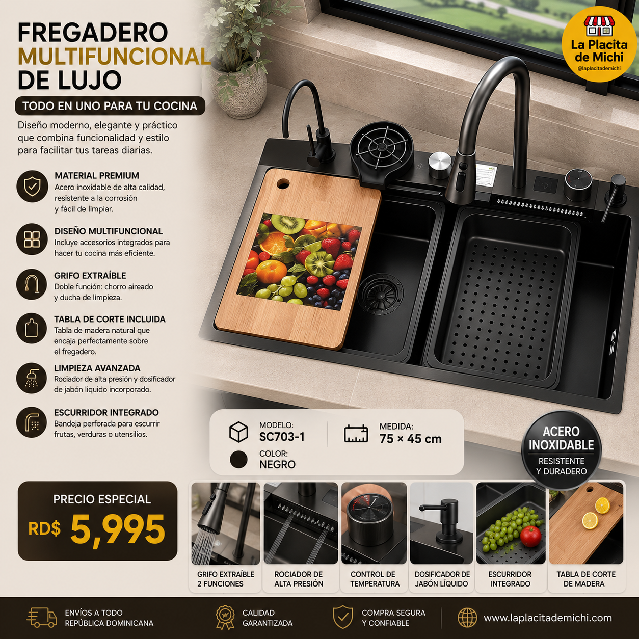 ✨🚿 FREGADERO MULTIFUNCIONAL DE LUJO – TODO EN UNO PARA TU COCINA 🚿✨
🆔 Modelo: SC703-1 (NEGRO)
📏 Medida: 75 × 45 cm
🎨 Color: Negro (Acero inoxidable)

💰 Precio: RD$5,995